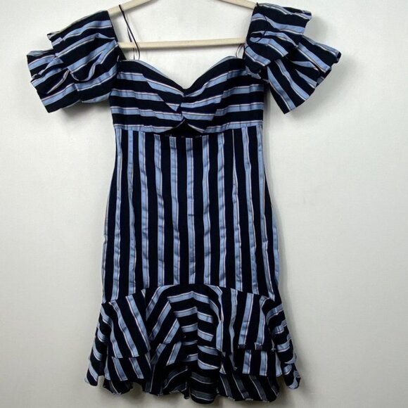 NEW WAYF Korbin Striped Off Shoulder Dress Blue Size Medium Cotton Brand Cutout - Picture 3 of 9